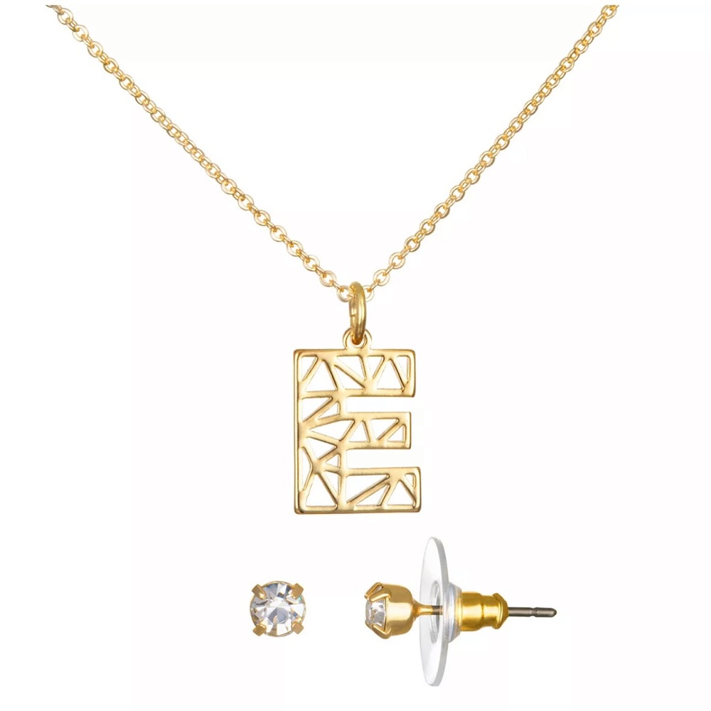 NEW LAUREN CONRAD Gold Initial 'E' Necklace and Earring Set